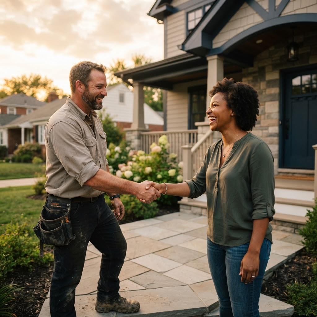 A contractor and happy homeowner shaking hands after a finished project
