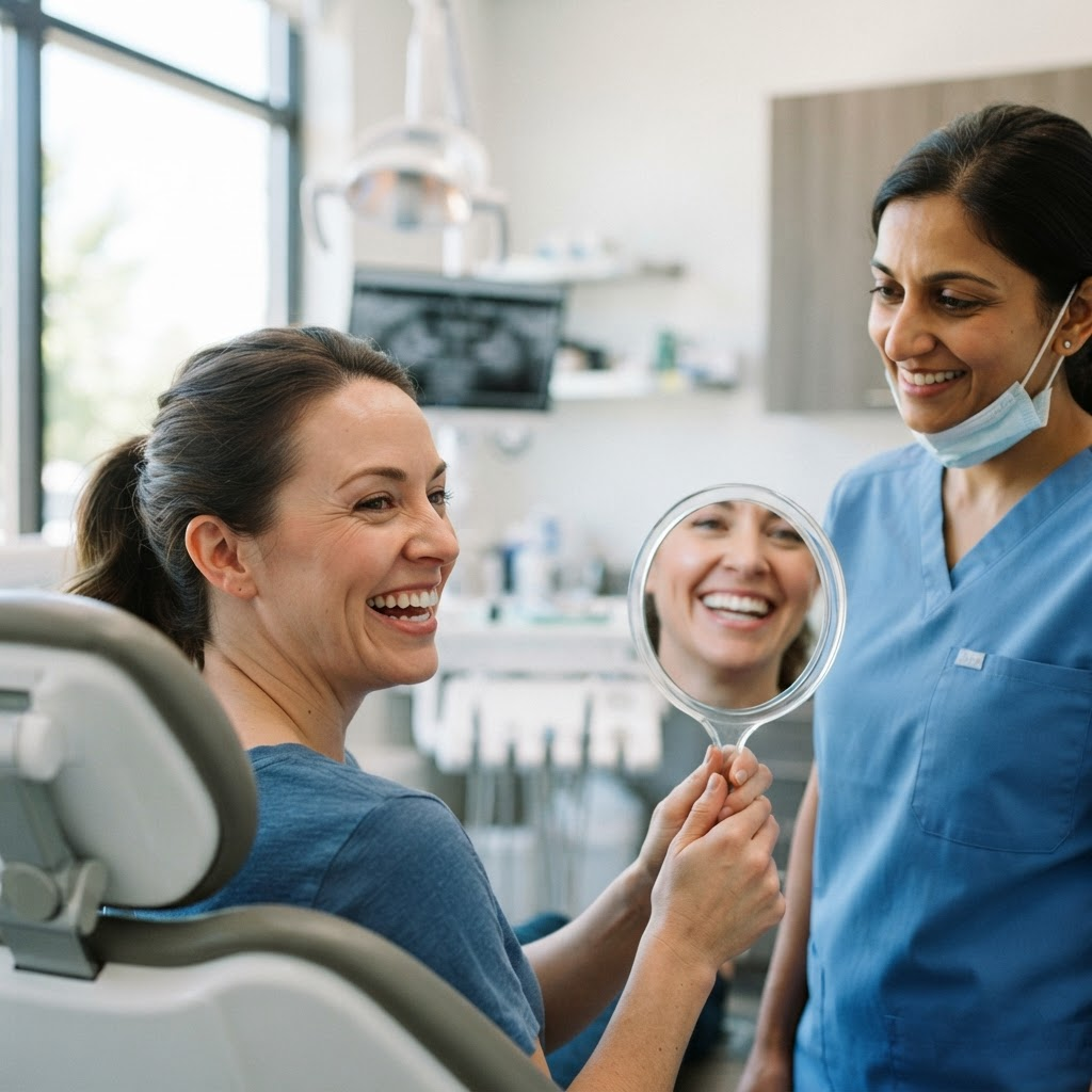 A patient admiring their smile after a dental visit