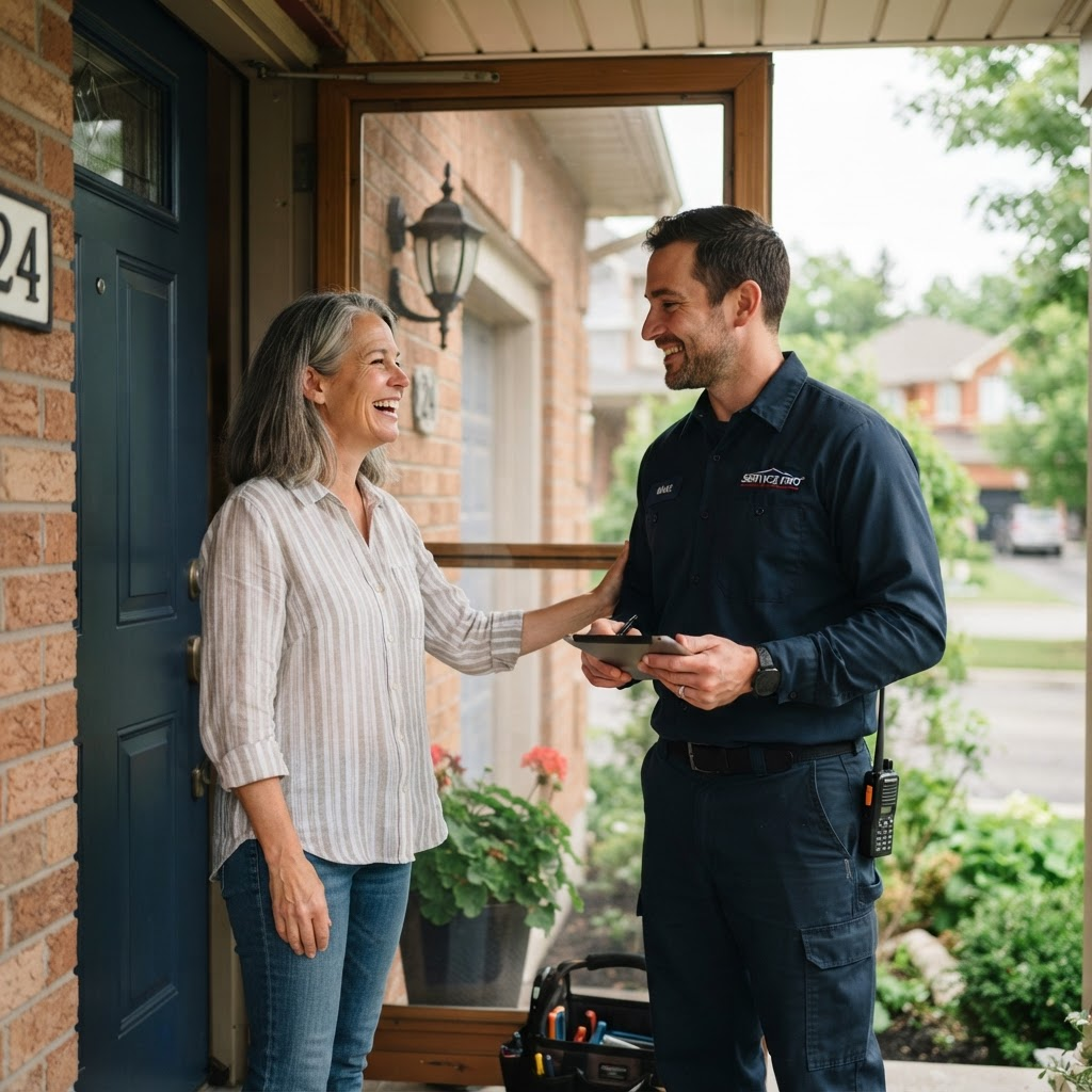 A homeowner thanking a technician after a completed repair