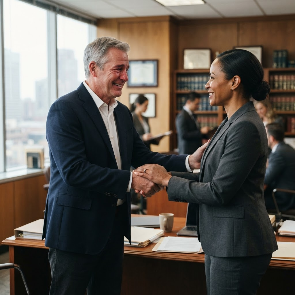 A grateful client shaking hands with an attorney after a resolution