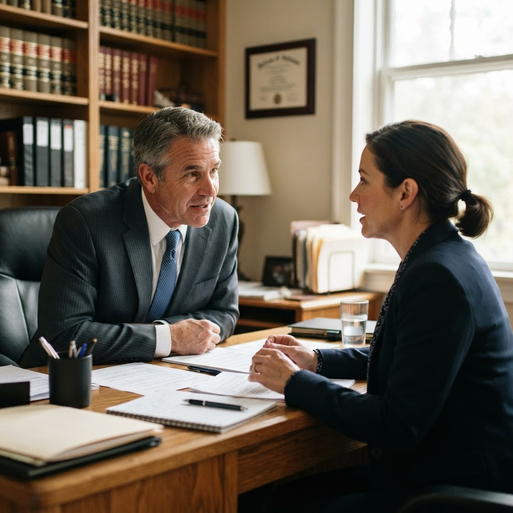 An attorney meeting with a client in a law office