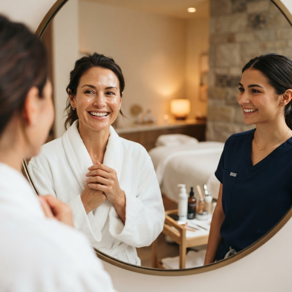 A satisfied client admiring her results in a med spa mirror