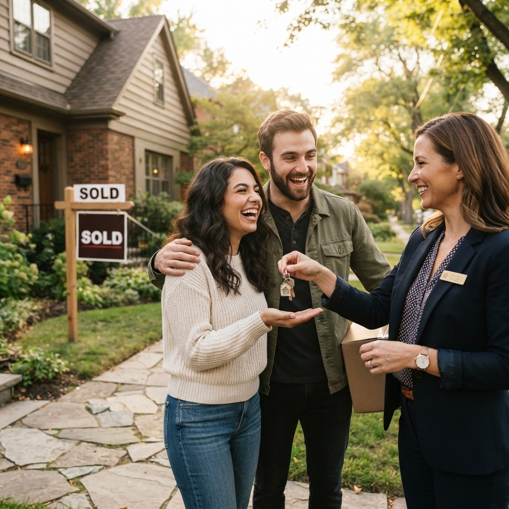 An agent handing keys to happy new homeowners