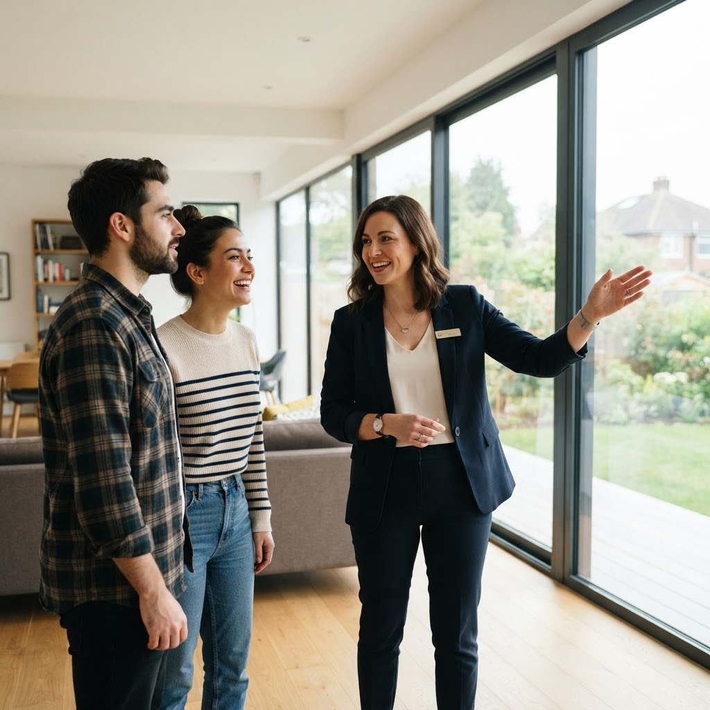 A real estate agent showing a home to a couple