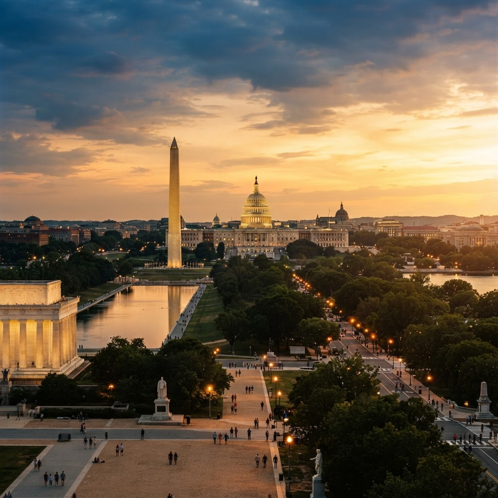 The Washington DC skyline at golden hour