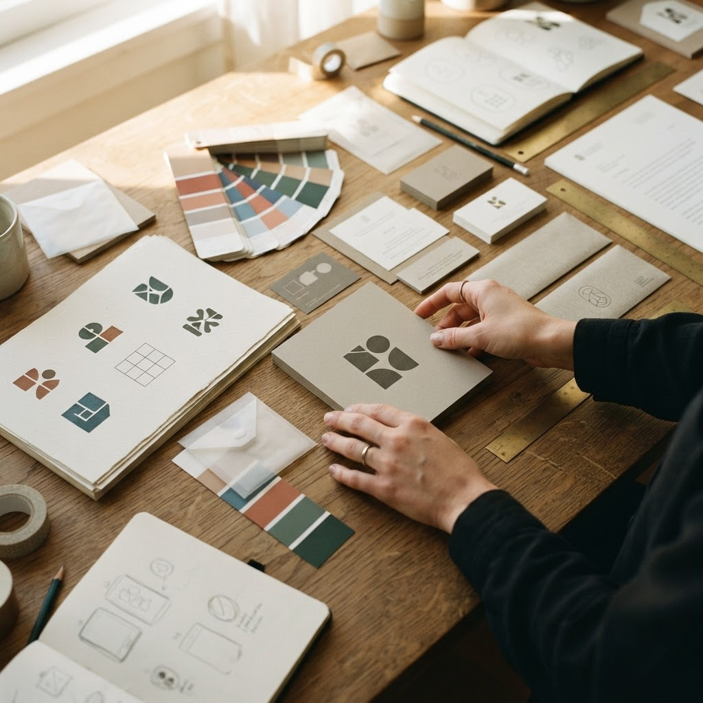 Brand identity design laid out on a studio desk