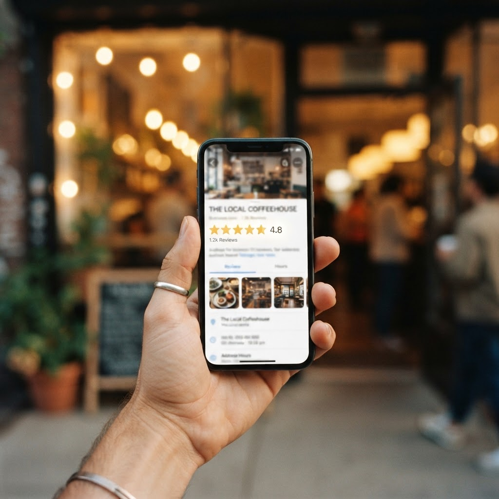 A business profile with star ratings on a phone