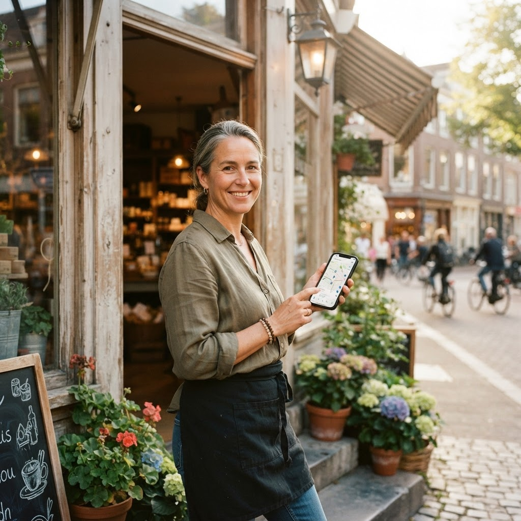 A local business owner checking a map search