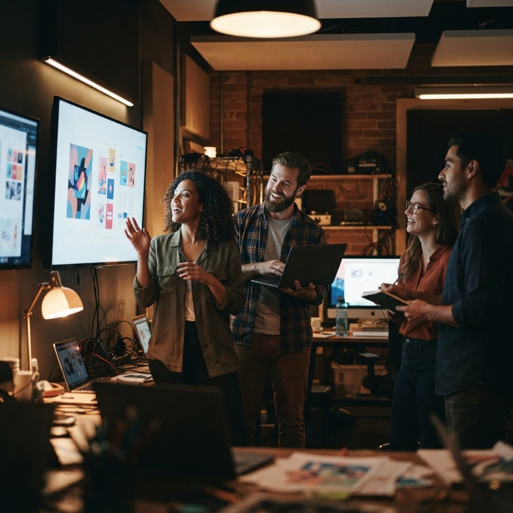 A team reviewing social ad creative